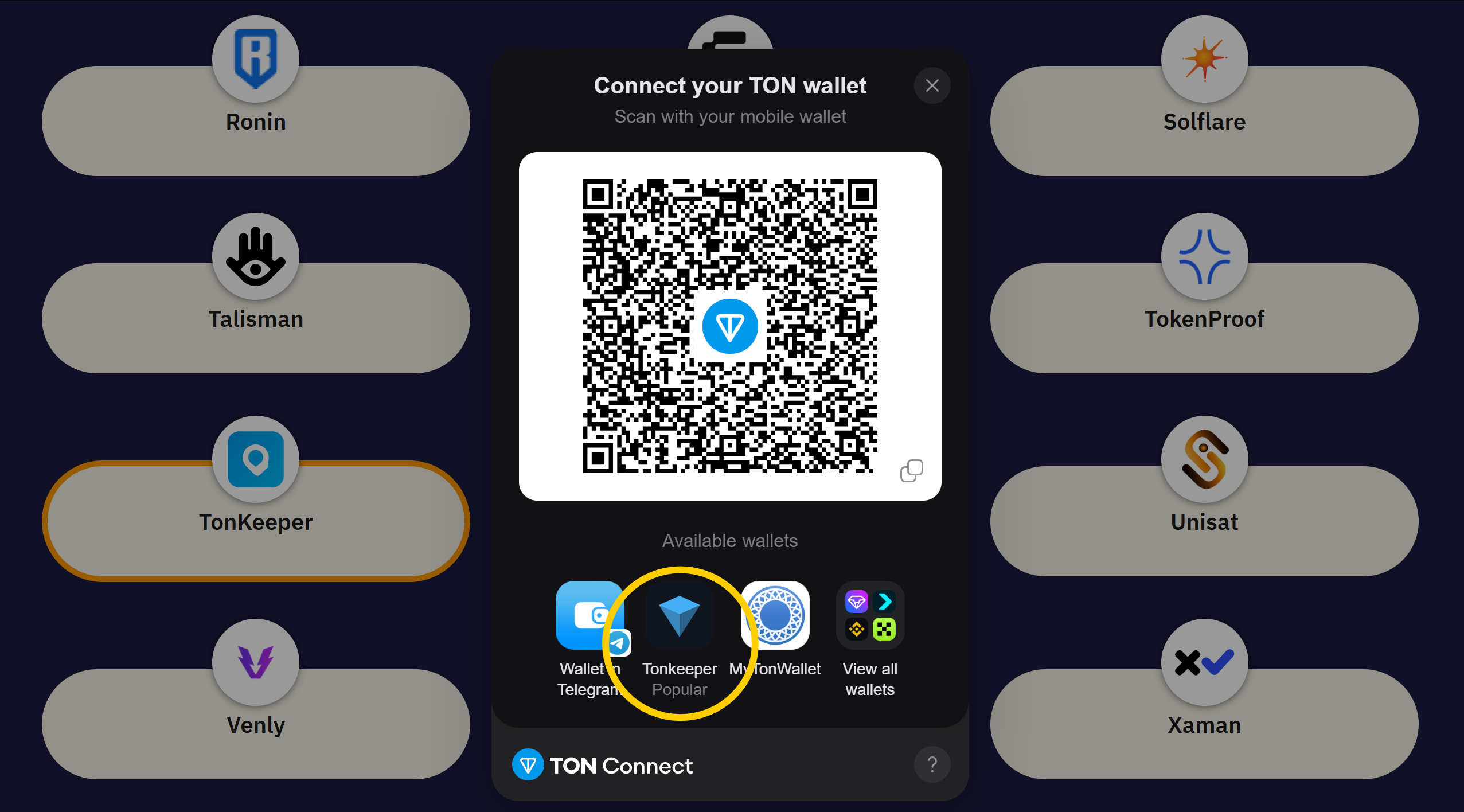 Connect TON wallet - Select Tonkeeper